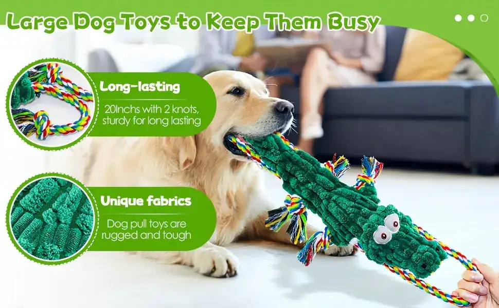 Plush Alligator Dog Toy for Chewing & Interactive Play with Squeaker and Rope Tug Design – description image 1