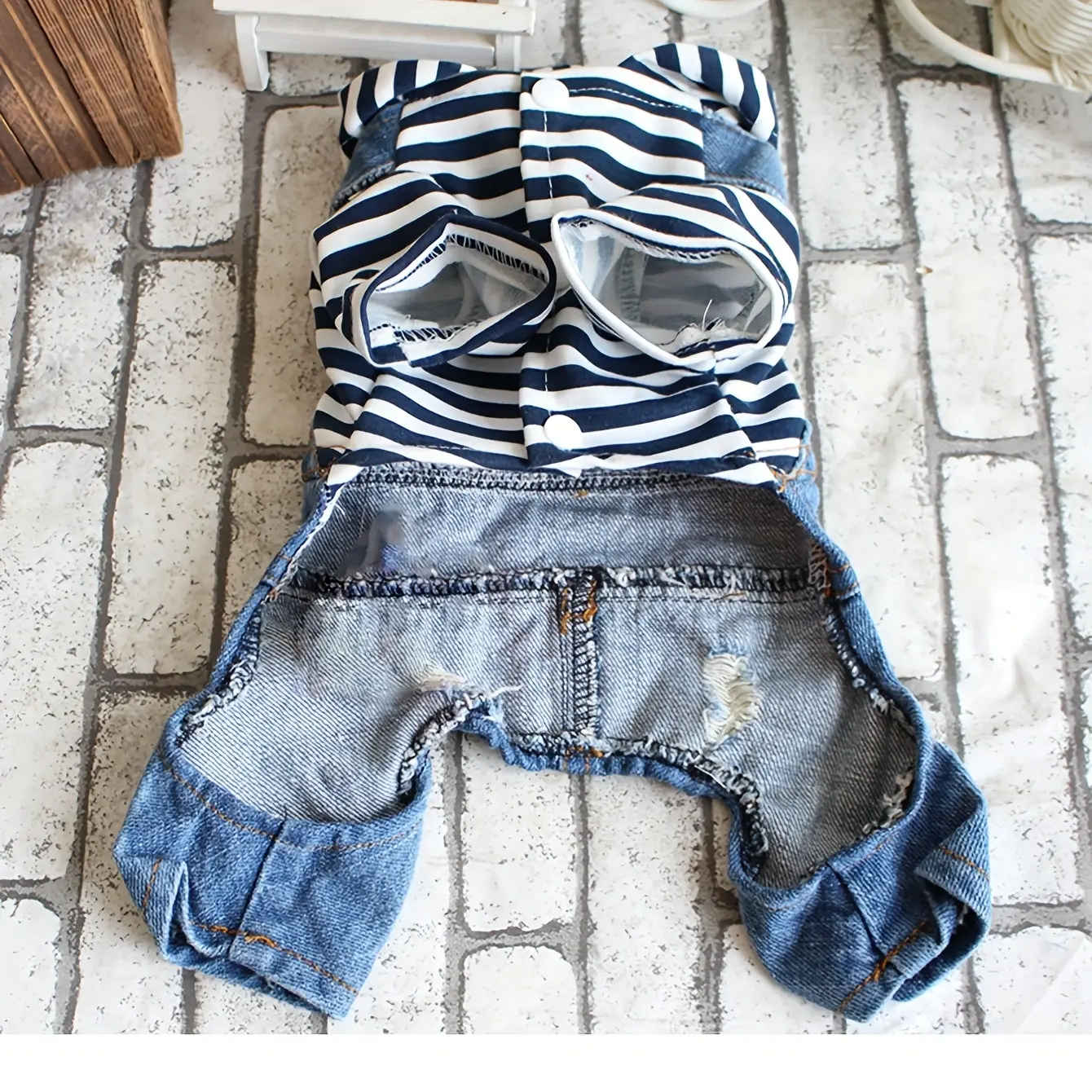 Pet Jumpsuit Outfit for Spring and Summer Wear, Striped Denim-Style Design – description image 2