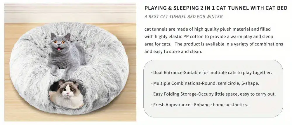 Plush Cat Tunnel Bed for Resting & Play with Enclosed Hideaway and Peekaboo Opening – description image 2