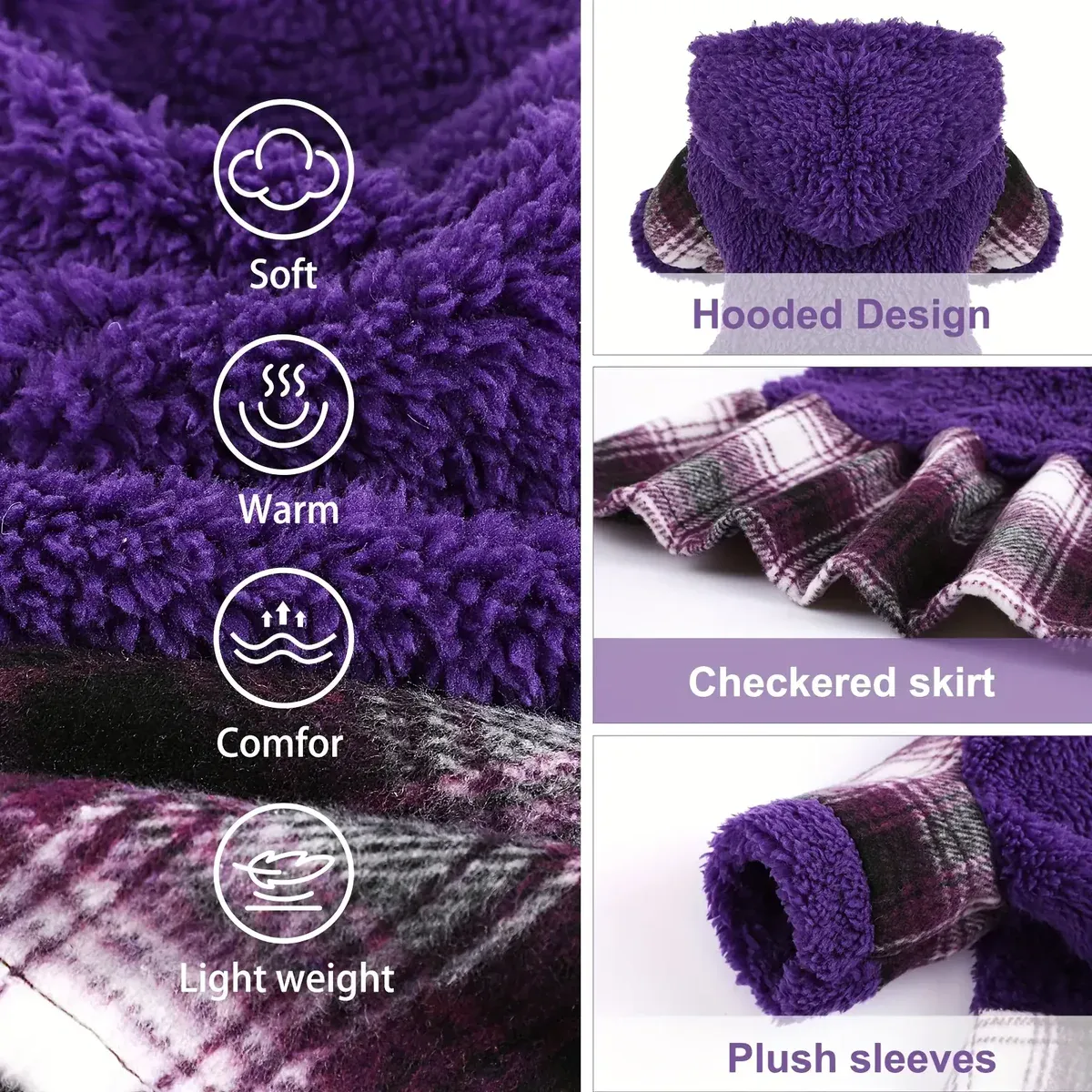 Fleece Hooded Dog Sweater for Warmth in Cold Weather with Plaid Pattern – description image 2
