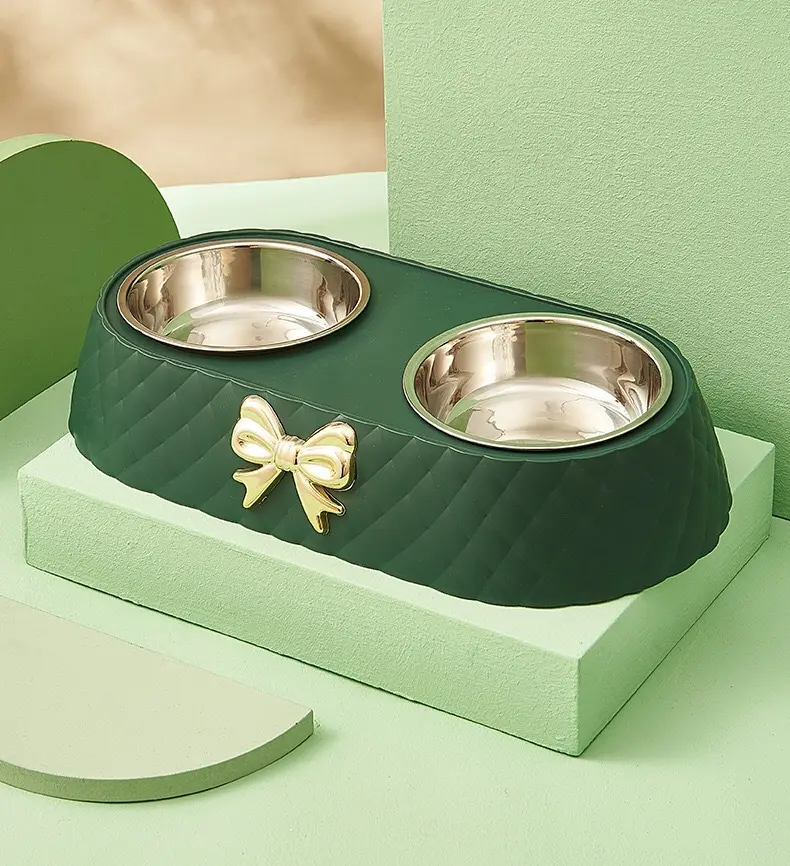Stainless Steel Double Dog Bowl for Feeding & Hydration with Bowknot Carved Design – description image 3