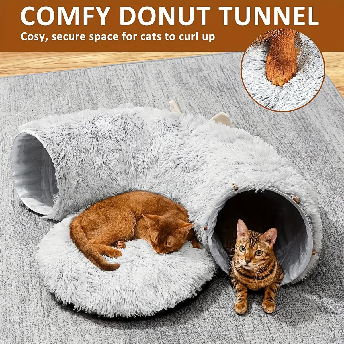 Cat Tunnel Bed for Indoor Play & Hiding with Plush Donut Design – description image 3