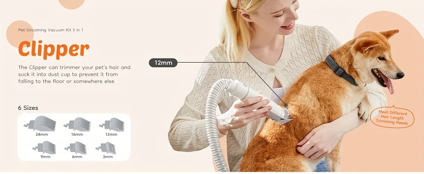 5-Piece Pet Grooming Vacuum Kit for Trimming & Hair Collection with Guide Combs – description image 3