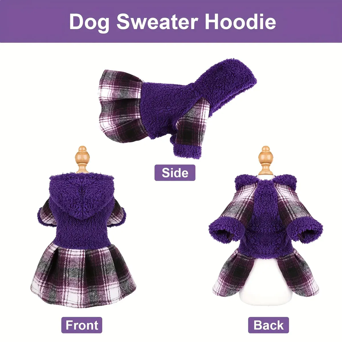 Fleece Hooded Dog Sweater for Warmth in Cold Weather with Plaid Pattern – description image 3