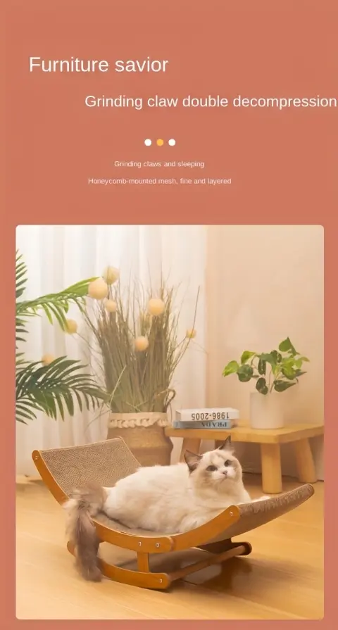 Sisal Rocking Chair Cat Scratcher for Scratching & Lounging with Wooden Frame and Hammock-Style Bed – description image 3