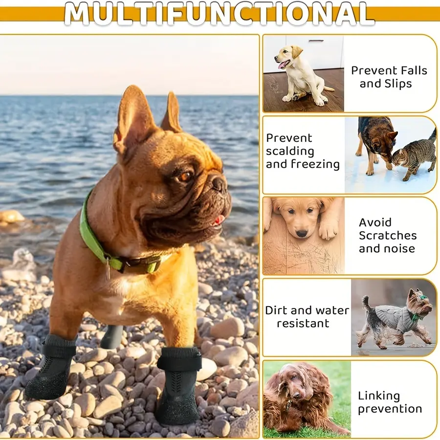 4pcs Waterproof Dog Boots for Outdoor Walking & Paw Protection, Adjustable Anti-Slip Sole – description image 2