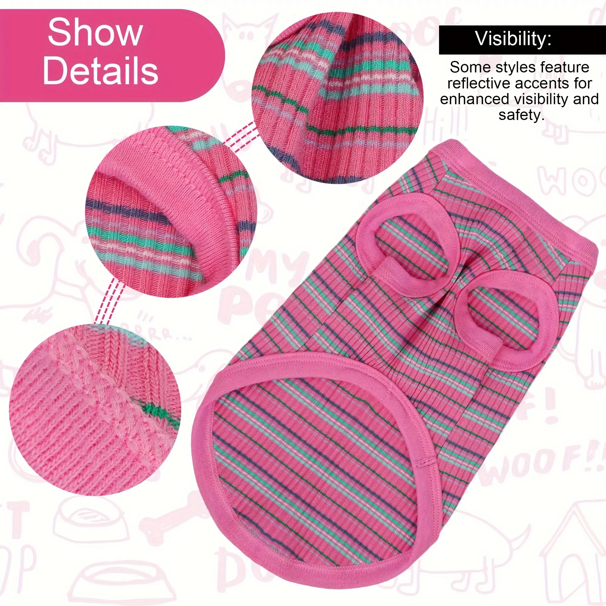 Pink Striped Ribbed Dog Vest for Easy Pullover Wear with Soft Knit Fabric – description image 4
