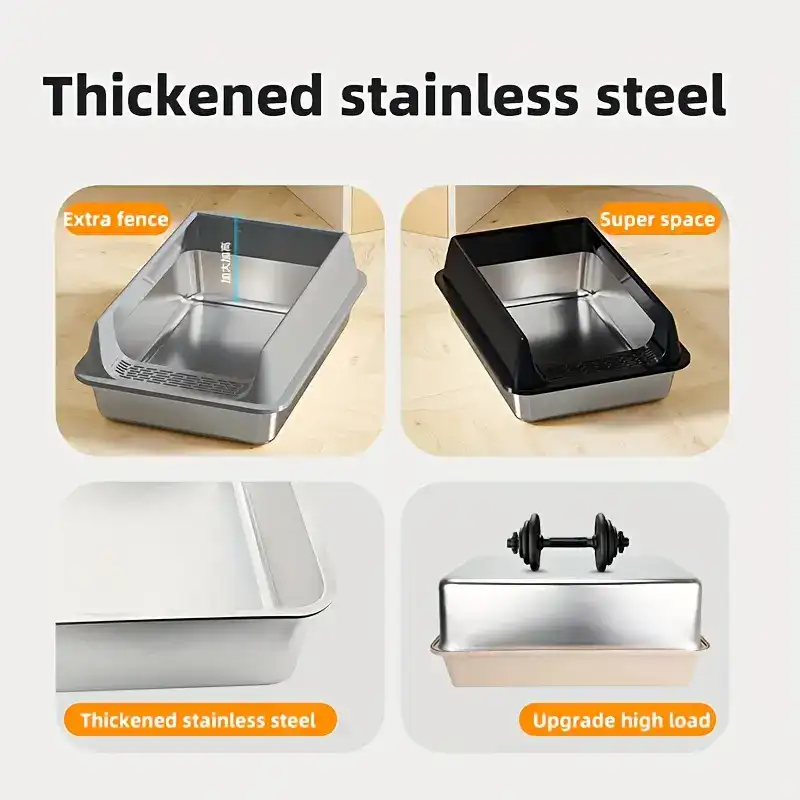 Semi-Closed Stainless Steel Cat Litter Box for Containing Litter Scatter with Matching Scoop – description image 2