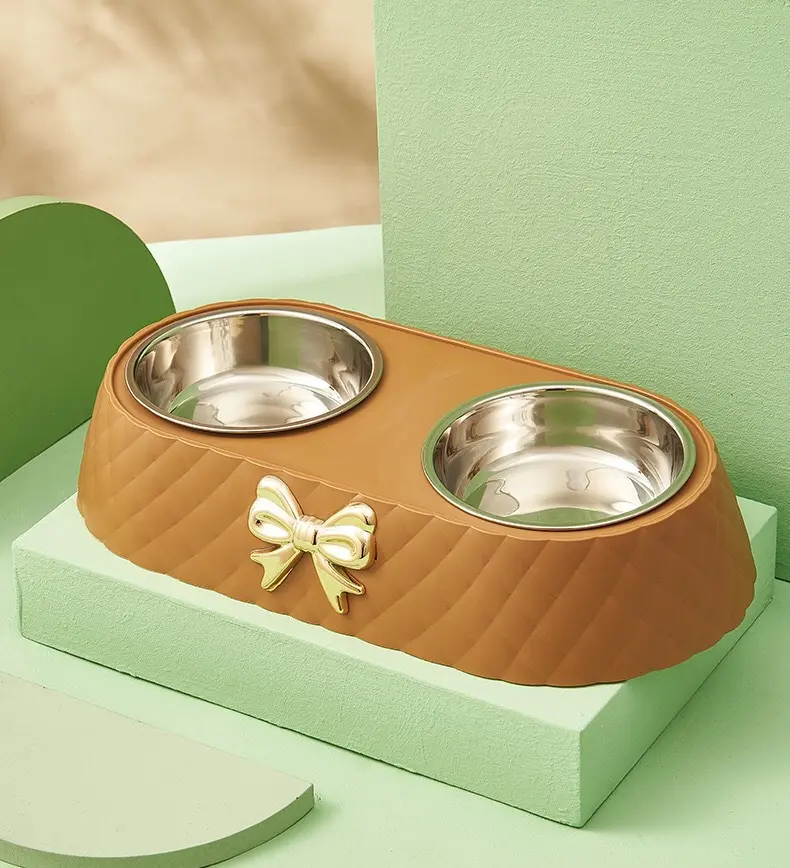 Stainless Steel Double Dog Bowl for Feeding & Hydration with Bowknot Carved Design – description image 5