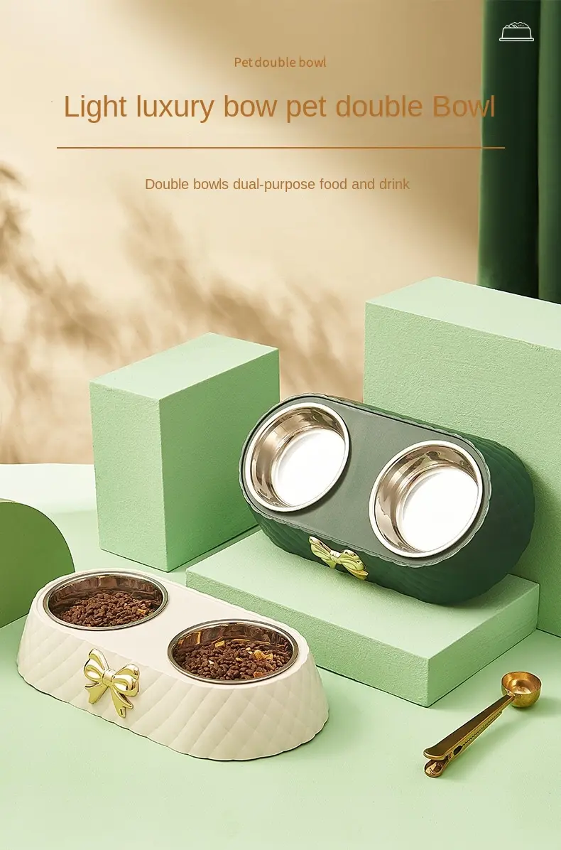 Stainless Steel Double Dog Bowl for Feeding & Hydration with Bowknot Carved Design – description image 2