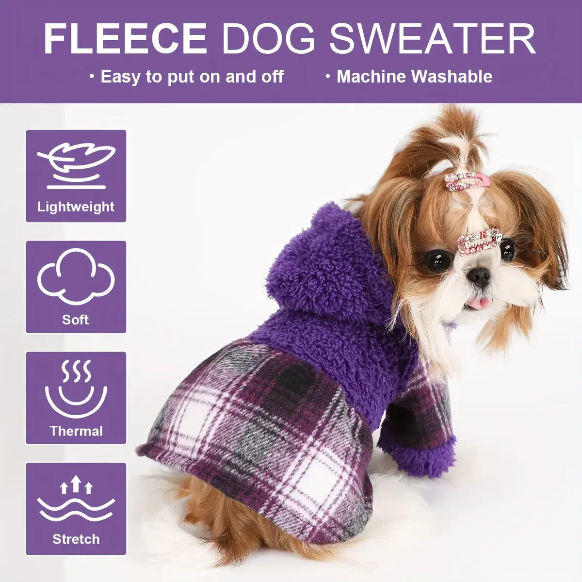Fleece Hooded Dog Sweater for Warmth in Cold Weather with Plaid Pattern – description image 1